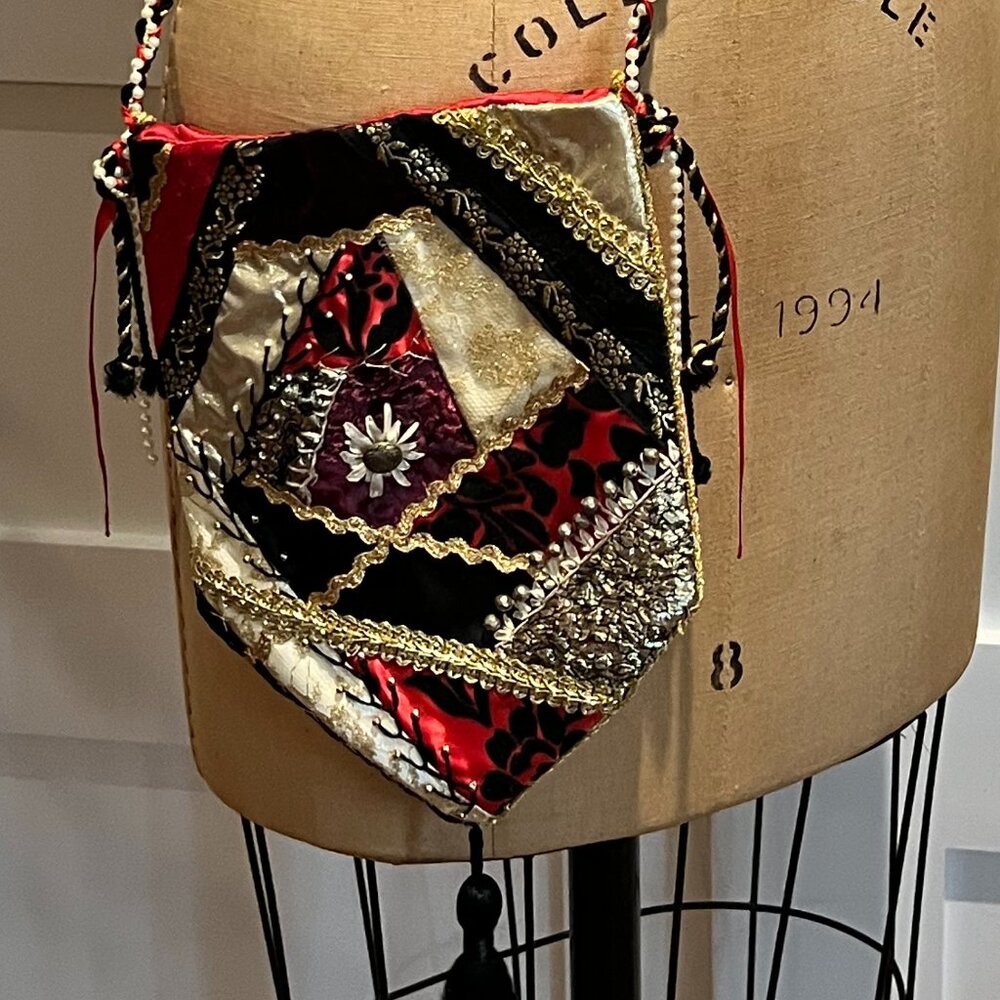 Red Crazy Quilted One of a Kind Evening Bag or Bohemian Crossbody Bag